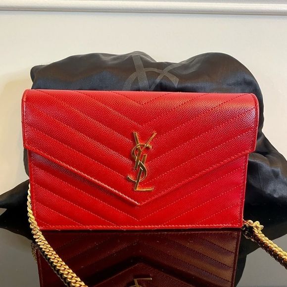 Saint Laurent Handbags - AUTHENTIC YSL Yves Saint Laurent Red Wallet on a Chain with gold hardware